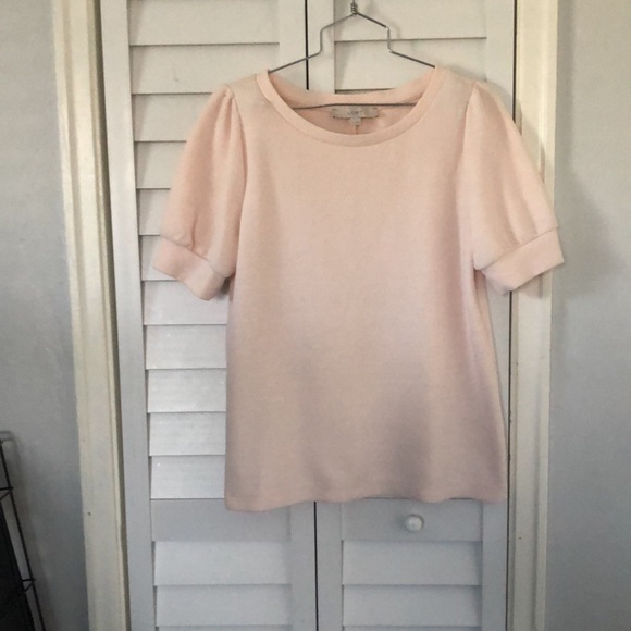 LOFT Crepe Knit Puff Sleeve top in Blush - Picture 3 of 6